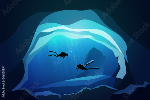rescue team of scuba divers in the caves