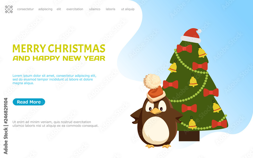 Merry Christmas and happy New Year web page online vector. Pine tree decorated with Santa Claus hat on top, baubles bows and ribbons garlands decor Merry Christmas and happy New Year web page online vector. Pine tree decorated with Santa Claus hat on top, baubles bows and ribbons garlands decor