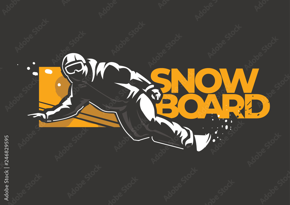 Snowboarder man riding on slope. Winter sport label on the dark background