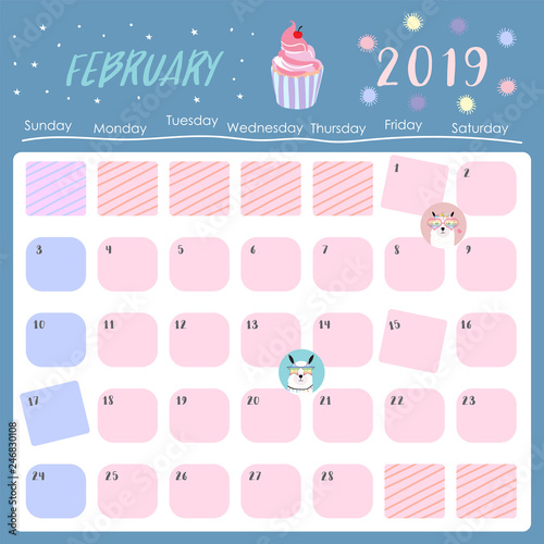 Cute monthly calendar 2019 with llama,rainbow and star for children.Can be used for web,banner,poster,label and printable