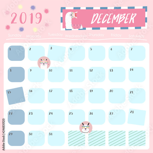Cute monthly calendar 2019 with llama,rainbow and star for children.Can be used for web,banner,poster,label and printable