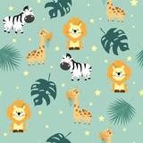 Hand drawn seamless pattern with giraffe,lion,zebra,leaf and star