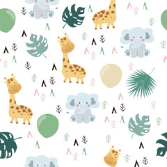Crédence de cuisine Éléphant patrons Girafes éléphants feuilles motif géométrique  © piixypeach