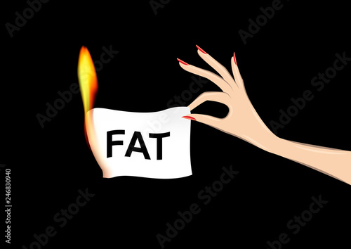 womans hand holding a paper with fat word in flame isolated on the black background, horizontal vector illustration