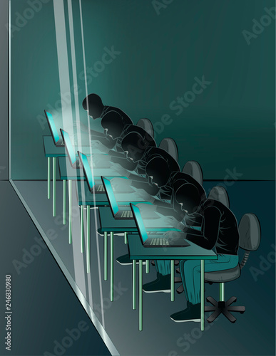 group of hackers is sitting at the laptops in the room, vertical vector illustration