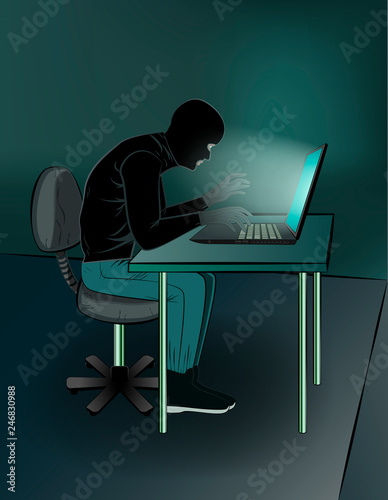 hacker sitting at the laptops in the room, vertical vector illustration
