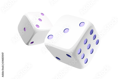 Casino white dice isolated on white background. Online casino dice cubes gambling design. 3d casino element. Vector illustration.
