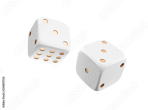 Casino white dice isolated on white background. Online casino dice cubes gambling design. 3d casino element. Vector illustration.