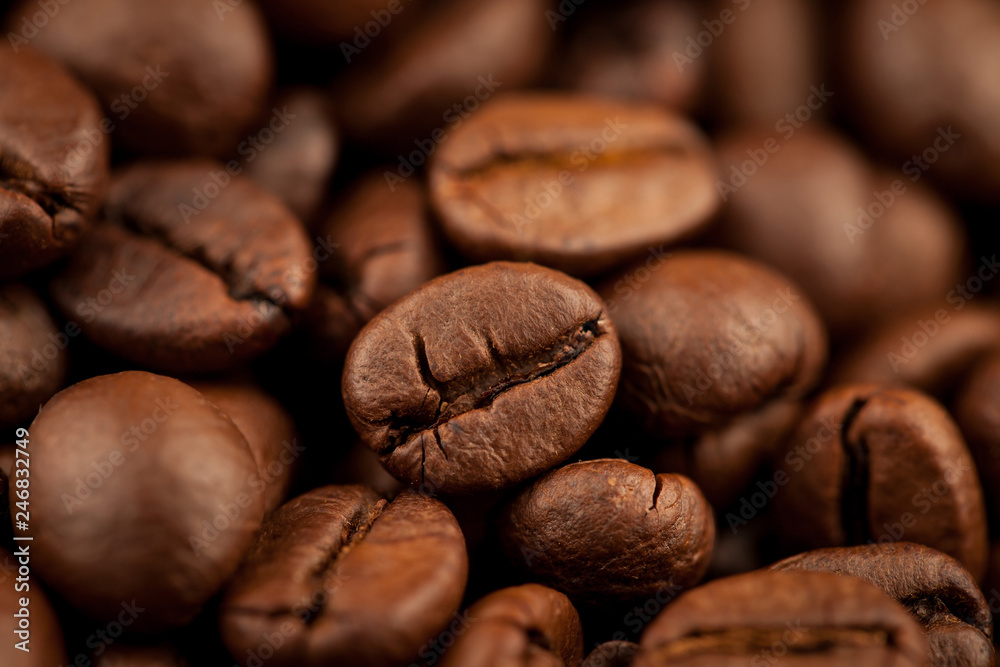 Fototapeta premium Roasted Coffee beans texture background, selective focus