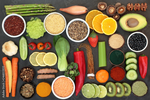 Fototapeta Naklejka Na Ścianę i Meble -  Diet health food for liver detox concept with fresh fruit, vegetables, herbal medicine, legumes, grains, seeds, herbs and spices. Foods high in antioxidants, omega 3, vitamins &  dietary fibre.    