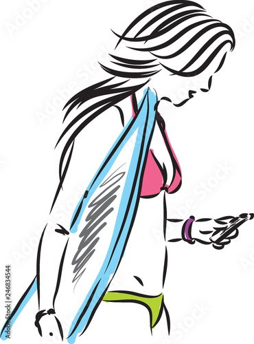 surf girl 1 illustration with phone