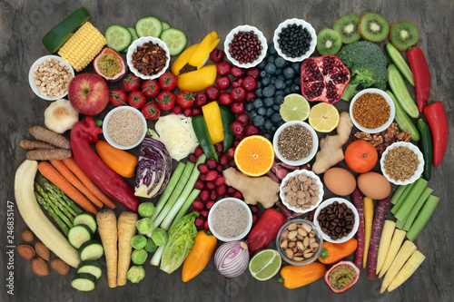Large super health food collection with fruit, vegetables, seeds, grains, dairy, coffee, nuts, legumes, grains, herbs & spices. High in antioxidants, protein, anthocyanins, vitamins & dietary fibre. 