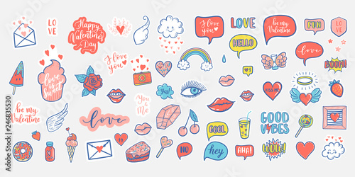 Vector hand drawn fashion elements for wedding, Valentine's Day, love prints background. Labels, speech bubble, heart, arraw, wings, flowers set