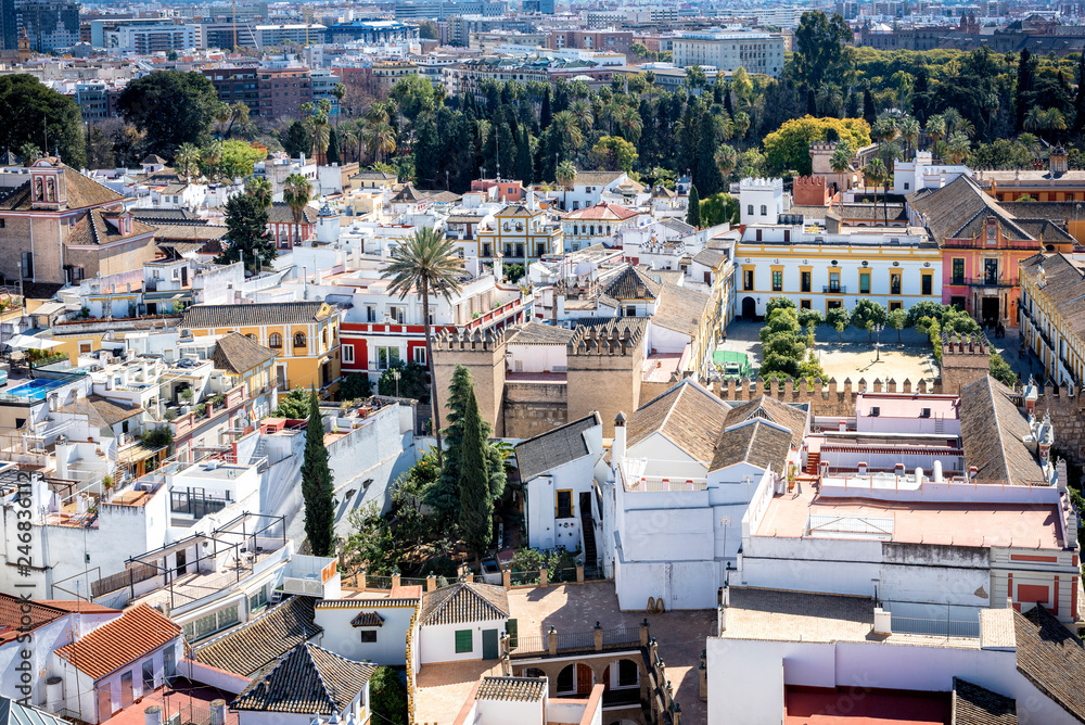 View of Seville city from the Giralda Cathedral tower, Seville (Sevilla), Andalusia, Southern Spain.