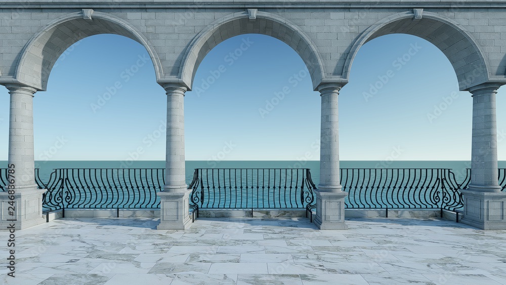 Roman 3D render sea view anceint style classic balcony luxury terrace