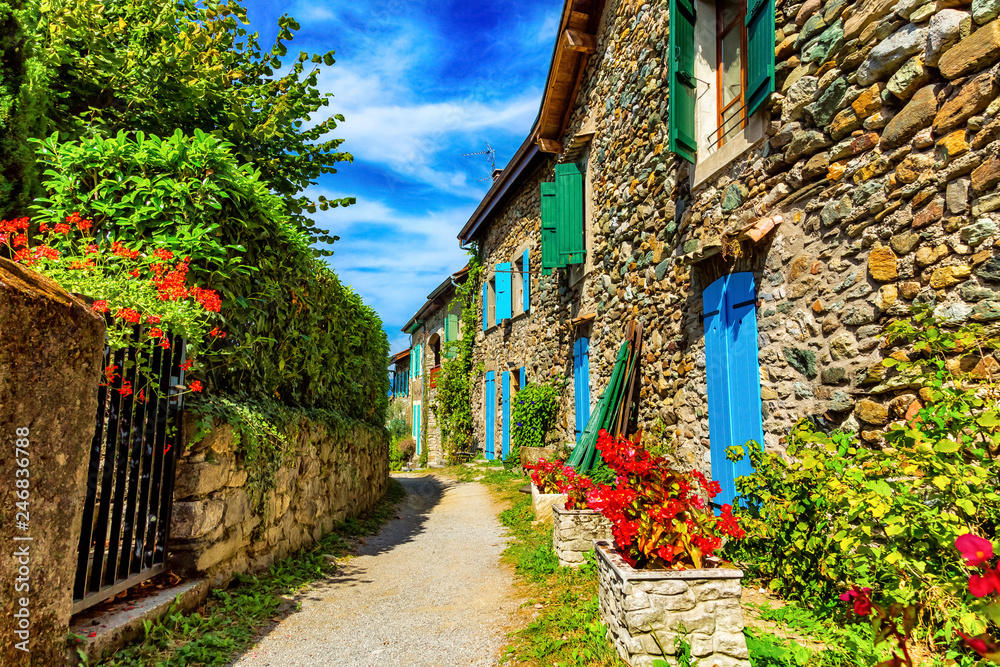 Fototapeta Piękna kolorowa średniowieczna aleja w Yvoire miasteczku w Francja