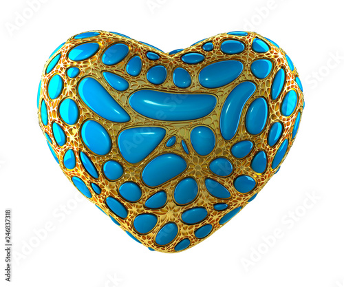 Heart made of golden shining metallic 3D with blue glass isolated on white background.