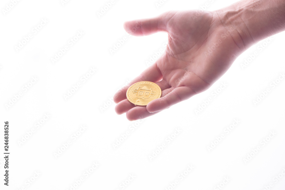 Bitcoin hold in hands isolated on white background Bitcoin hold in hands isolated on white background