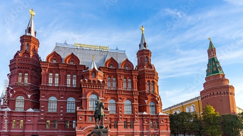 Monument to Zhukov, National Historical Museum and Kremlin Wall on Red Square in Moscow, Russia.