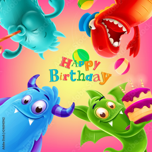 happy birthday illustration with cute monster
