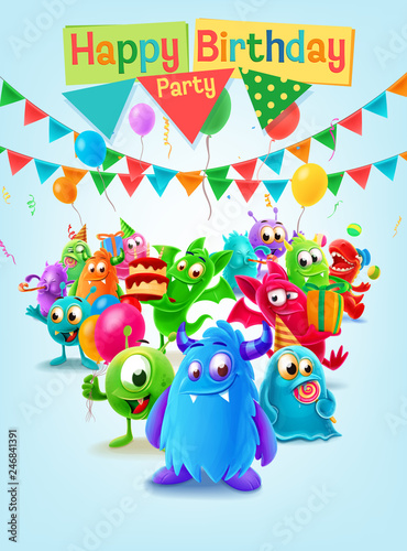happy birthday illustration with cute monster