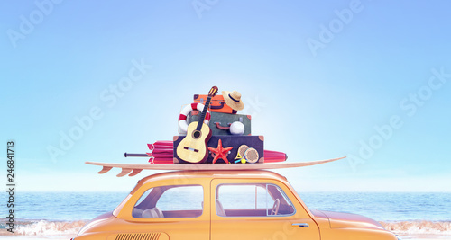 Photography Yellow car with with luggage ready for summer travel 3D Rendering