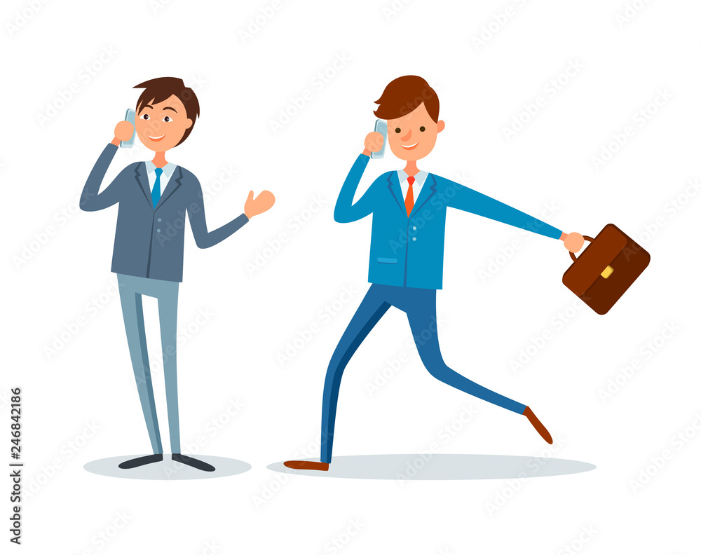 Man rushing to work, businessman talking on mobile phone vector. People making business calls to partner and clients. Director and manager busy at job Man rushing to work, businessman talking on mobile phone vector. People making business calls to partner and clients. Director and manager busy at job