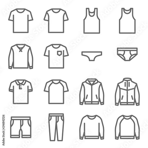 Clothes Vector Line Icon Set. Contains such Icons as Underwear  T-shirt  Coat  Jacket  Pants and more. Expanded Stroke