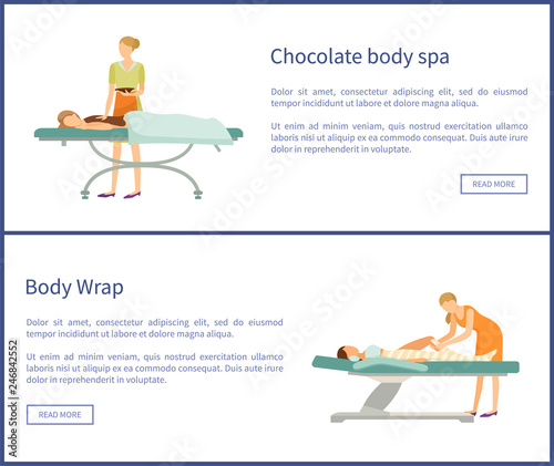 Body chocolate spa and wrap of legs, women lying on table and relaxing. Procedures done by experts in cosmetology in beauty salon, vector web posters
