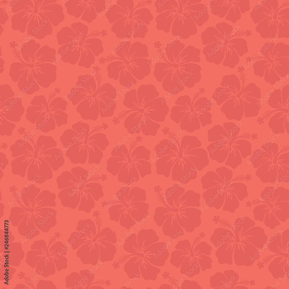 Coral Hibiscus flowers seamless vector pattern. Trend color floral background. Subtle feminine backdrop. For textile fabric wallpaper, covers, surface, wrap, scrapbooking, home decor, page fill.