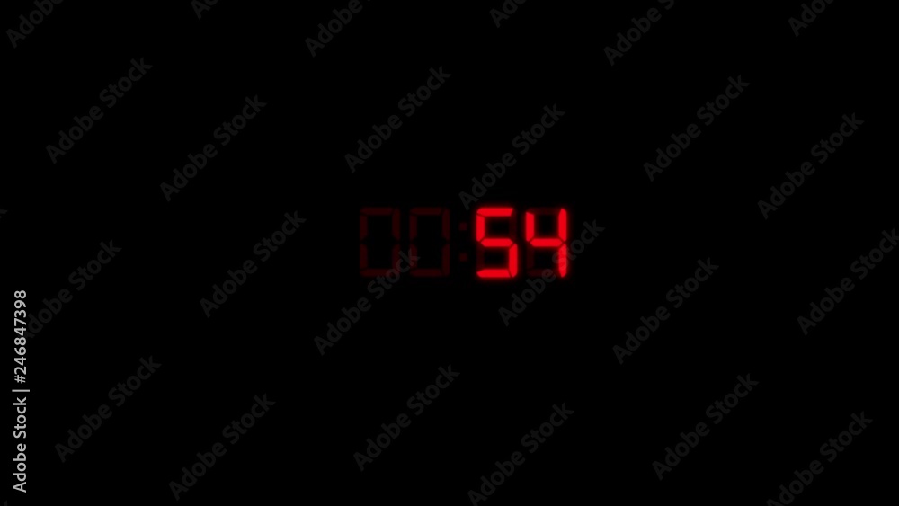 Digital clock timer countdown from sixty seconds to zero. Red digits on black background.