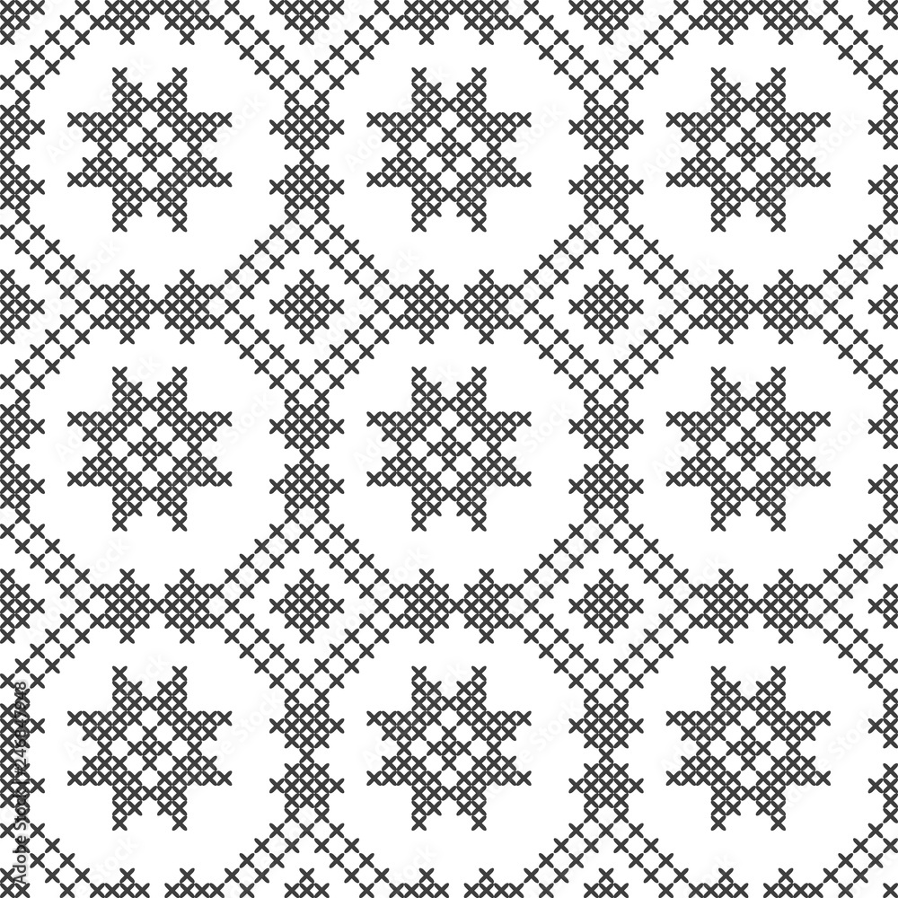Fototapeta premium Cross stitch, seamless decorative pattern. Embroidery and knitting. Abstract geometric background. Ethnic ornaments.