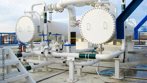 Heat exchangers in a refinery. Heated gasoline air cooler. The e