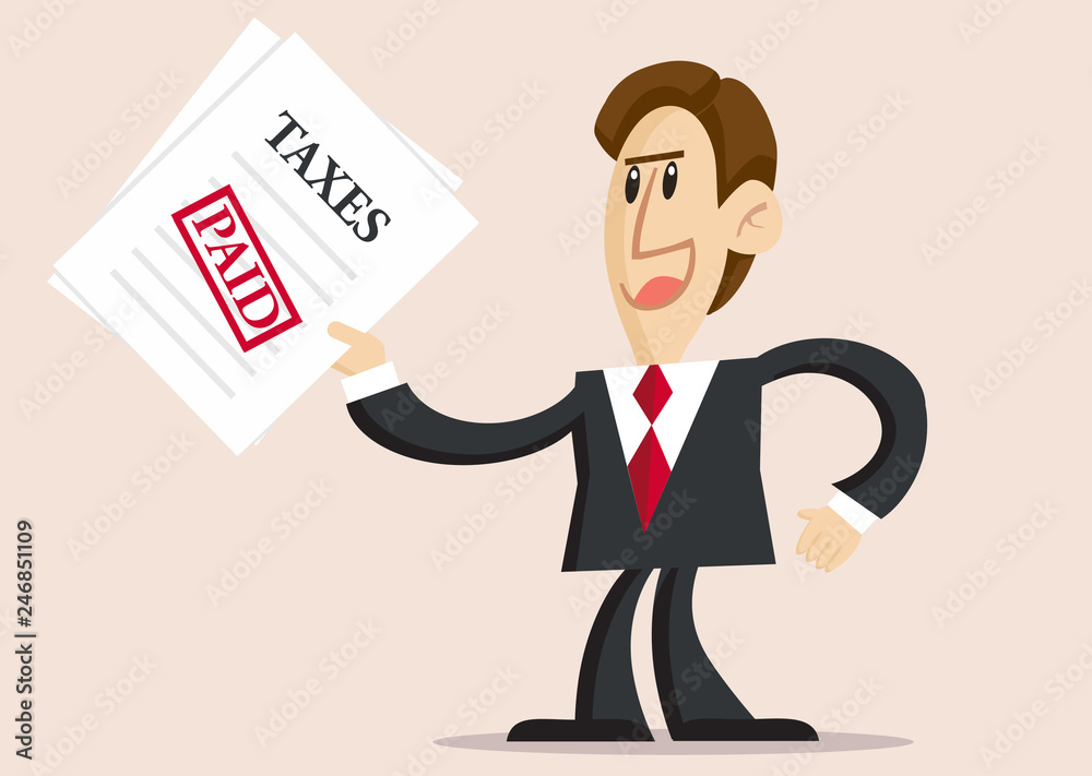 Happy businessman holds Tax Form witx paid stamp Happy businessman holds Tax Form witx paid stamp