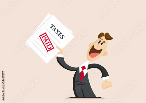Happy businessman holds Tax Form witx paid stamp