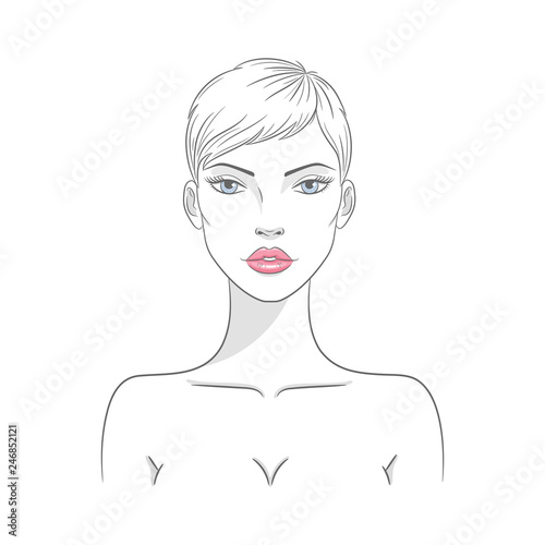 Vector illustration of a beautiful young nude woman with short haircut, isolated on white background. Fashion model sketch