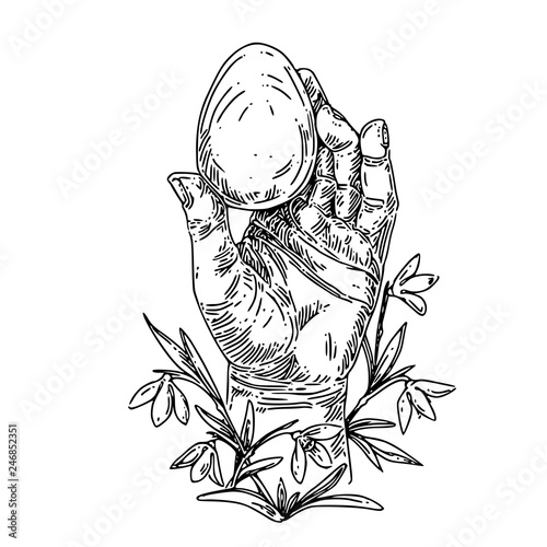 Hand decorated with snowdrops holding an Easter egg. Sketch. Engraving style. Vector illustration.