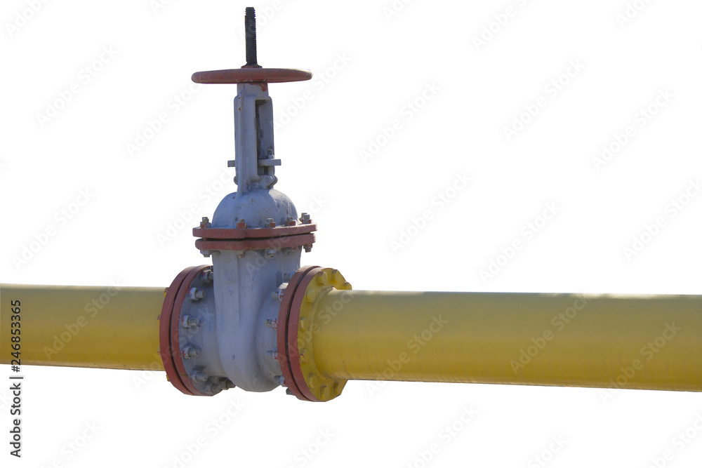  yellow gas pipeline with a red valve isolated on white