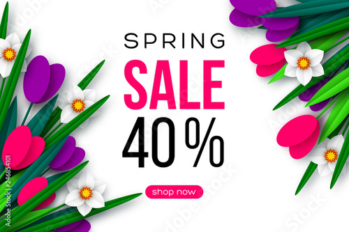 Spring sale banner with paper cut flowers.