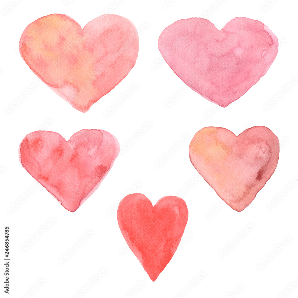 Set of hand painted watercolor hearts.different shades of delicate pink  Isolated objects perfect for Valentine's day card or romantic post cards