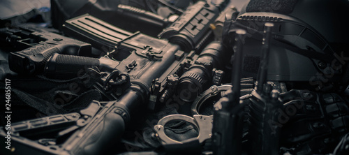military equipman and weapons close up shooting photo