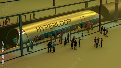 Stazione dei treni e Hyperloop. Passeggeri in attesa del treno. Tecnologia futuribile per il trasporto ad alta velocità di merci e passeggeri all'interno di tubi a bassa pressione. 3d rendering