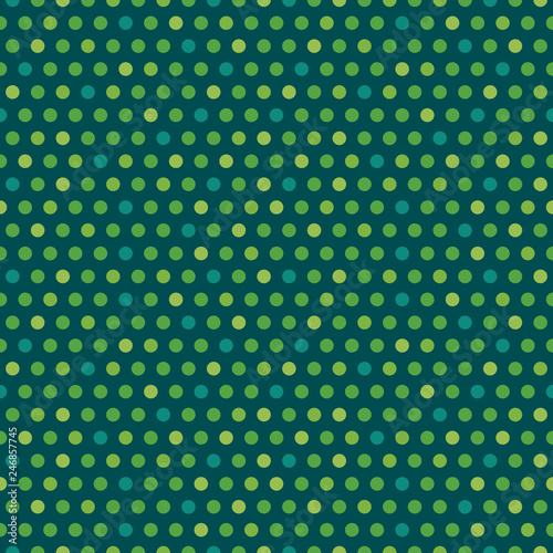 Cute seamless vector background for Saint Patrick's Day with ploka dots in shades of green and teal. Irish pattern for kids, greeting cards or web banners, textiles or gift wrapping paper. photo