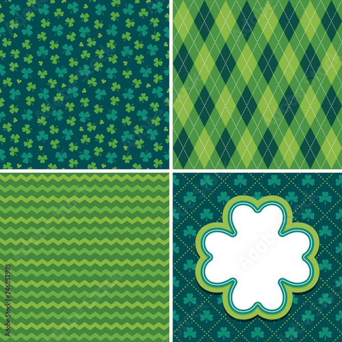 Set of seamless vector backgrounds in shades of green for Saint Patrick's Day. Patterns include argyle, chevron stripes and shamrocks. Shamrock greeting card or web banner template with copy space.