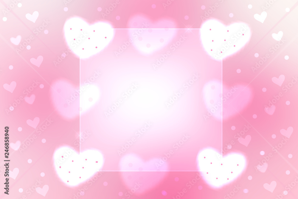 Abstract valentine background. Abstract festive blur bright pink pastel background with a frame and white pink hearts bokeh made for valentine or wedding card. Space for design. Card concept.
