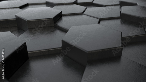 3D illustration of an array of hexagons in different positions that form an abstract background. The idea of chaos and order. 3D rendering.