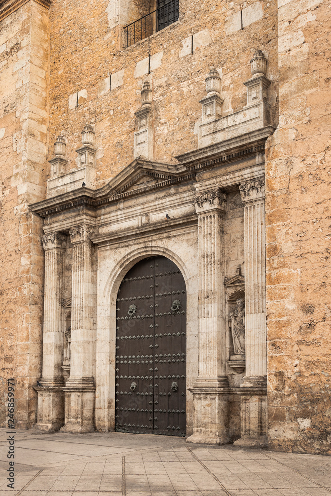 Doorway of Cathedral in Merida, Yucatan. Antique wood gate from the first cathedral founded in the American continent