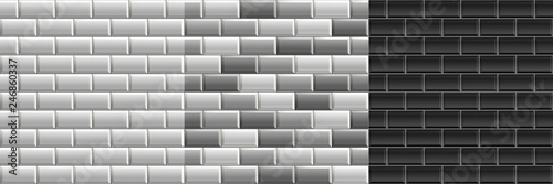 Black and white seamless textures of subway tiles. Set of vector grayscale bricks wall