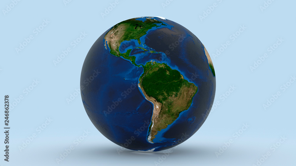 Earth with North America and South America in focus on light blue background 3d rendering