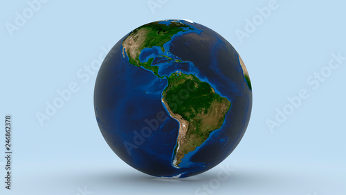Earth with North America and South America in focus on light blue background 3d rendering